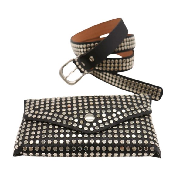 Women Black Faux Leather Skinny Belt + Wallet Bag Silver Studs Size S M z037 main image 6